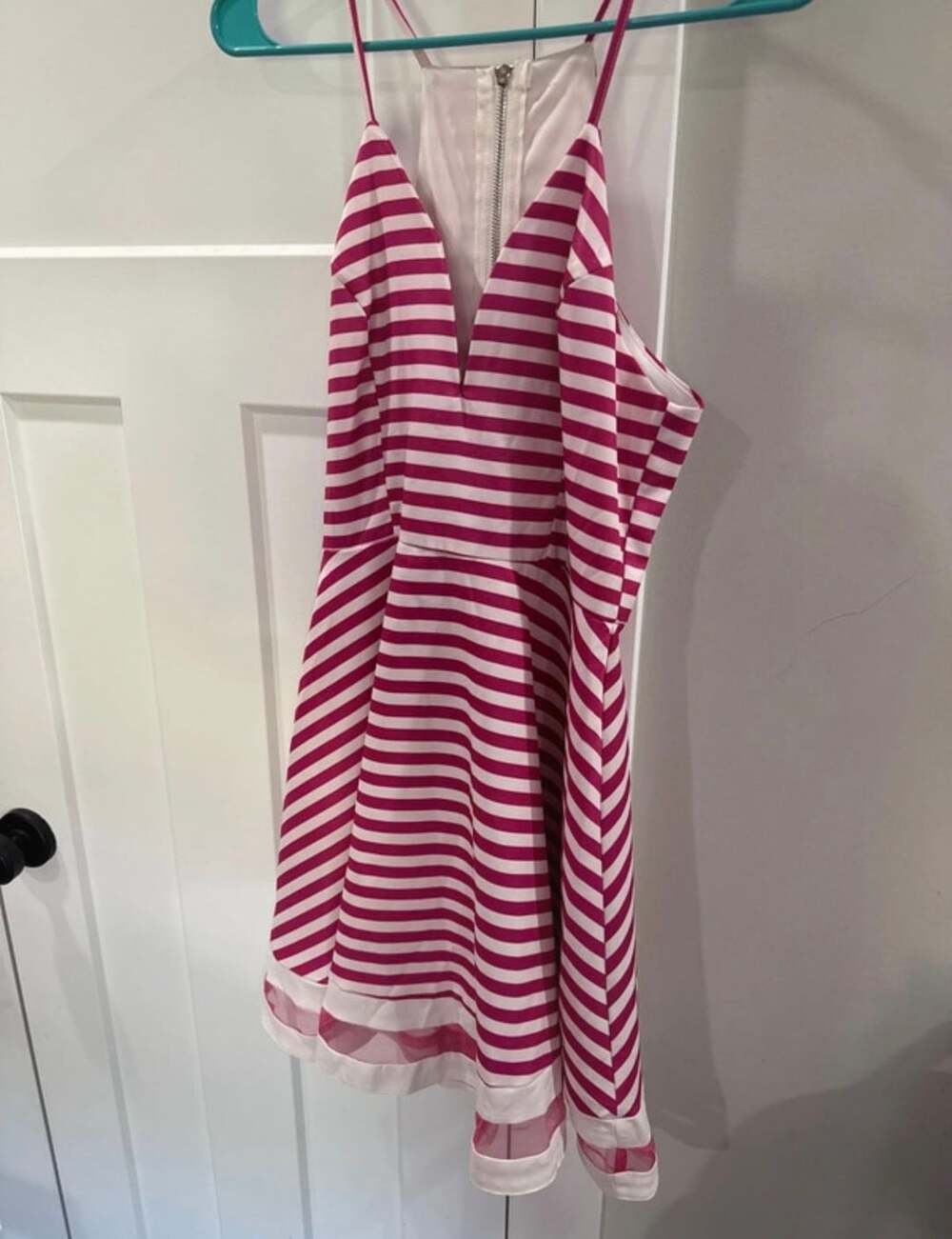 Tea & Cup Dress Size L Pink White Striped Halter Zip Back